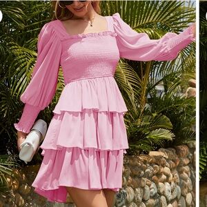 BYINNS Pink Square Neck Balloon Sleeve Ruffle Tiered Layered Backless dress L